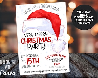 EDITABLE Christmas Party Invitation, Editable Holiday Party Invite, Santa Hat Party Invitation, Printable Kid's Christmas Party Invitation