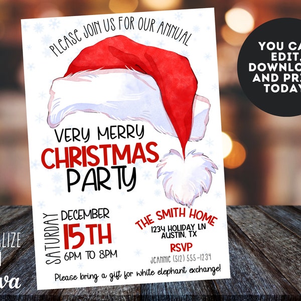 EDITABLE Christmas Party Invitation, Editable Holiday Party Invite, Santa Hat Party Invitation, Printable Kid's Christmas Party Invitation