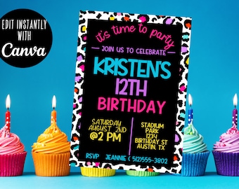 Editable Rainbow Party Invitation -  Rainbow Cheetah Birthday Invitation -  Colorful Party Decor - Animal Print  invitation - 90's Invite