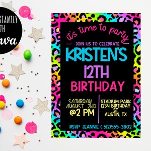 Editable Rainbow Party Invitation -  Rainbow Cheetah Birthday Invitation -  Colorful Party Decor - Animal Print  invitation - 90's Invite