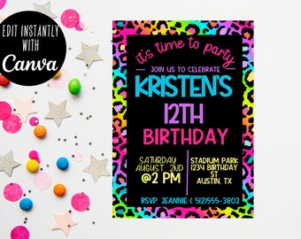 Editable Rainbow Party Invitation -  Rainbow Cheetah Birthday Invitation -  Colorful Party Decor - Animal Print  invitation - 90's Invite