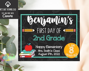 Letrero editable de regreso a la escuela, Letrero editable imprimible para el primer y último día de clases, Descarga instantánea personalizada de regreso a la escuela