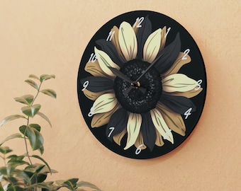 Neutral Sunflower Acrylic Wall Clock, Elegant Farmhouse Kitchen Decor, Rustic Nature Wall Art