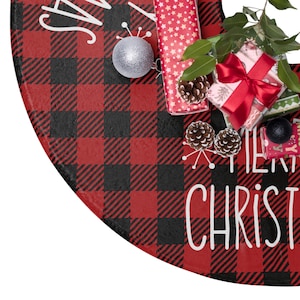Merry Christmas Tree Skirt – Red Plaid Holiday Fleece Tree Base Cover