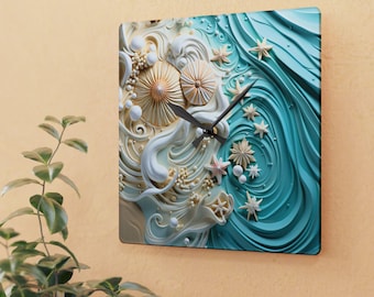 Ocean Waves & Seashells Acrylic Wall Clock: Coastal Home Decor