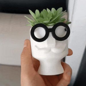 Op de afbeelding: Witte keramische plantenpot in de vorm van een gezicht met een snor en ronde zwarte brillen. Een groene succulent plant groeit uit de bovenkant van de pot.