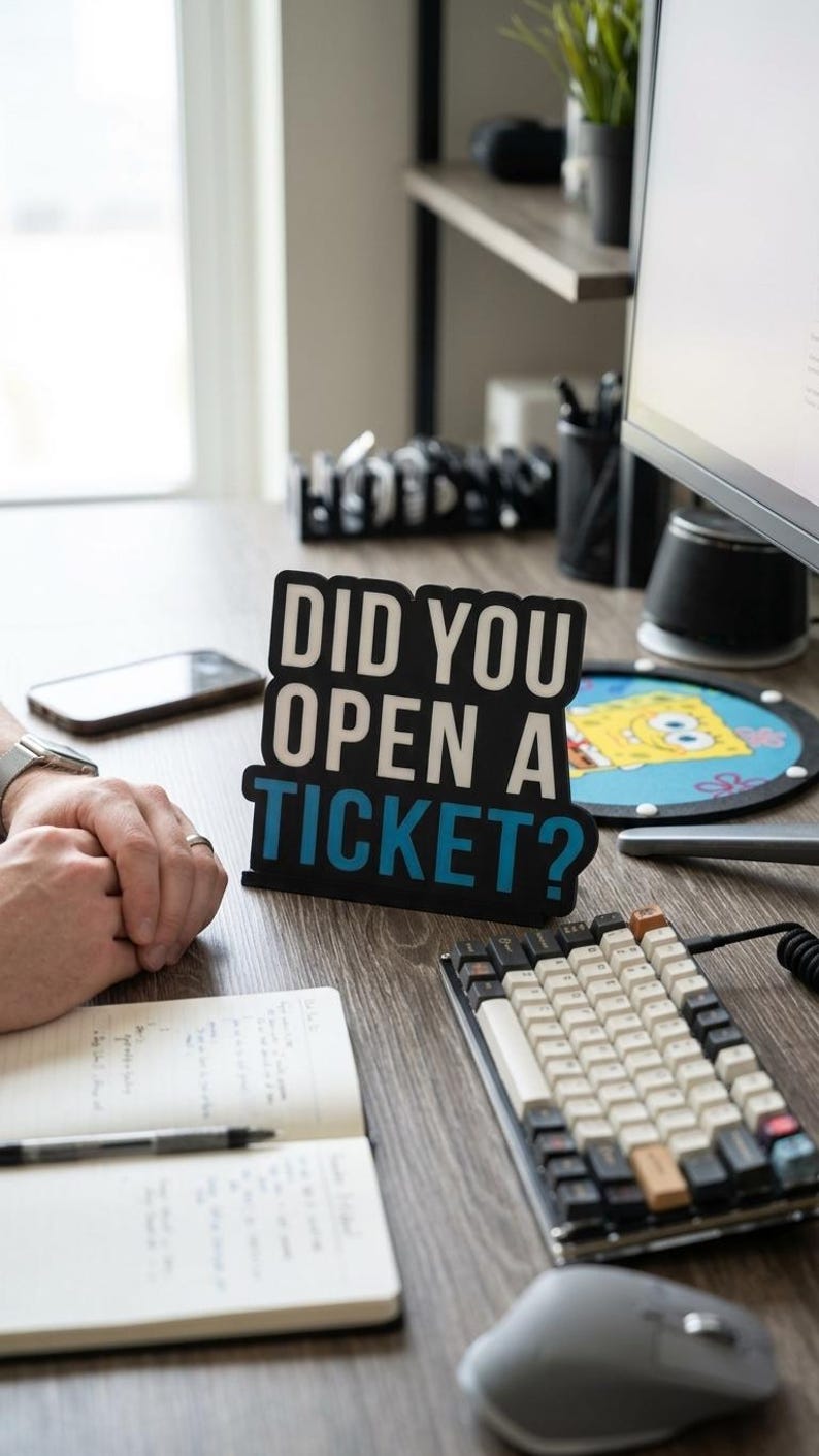 Puede incluir: Un letrero en blanco y negro con el texto "DID YOU OPEN A TICKET?" sobre un escritorio de madera. Un teclado mec&aacute;nico, un rat&oacute;n, un bloc de notas y un smartphone tambi&eacute;n est&aacute;n en el escritorio.