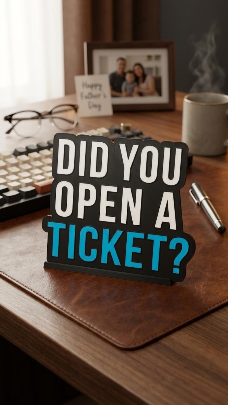 Puede incluir: Un letrero negro y azul con el texto "DID YOU OPEN A TICKET?" en letras blancas y azules. El letrero est&aacute; sobre un escritorio de cuero marr&oacute;n con un teclado, gafas, un bol&iacute;grafo y una taza en el fondo. Tambi&eacute;n se ve un marco de fotos y una tarjeta que dice "Happy Father's Day".