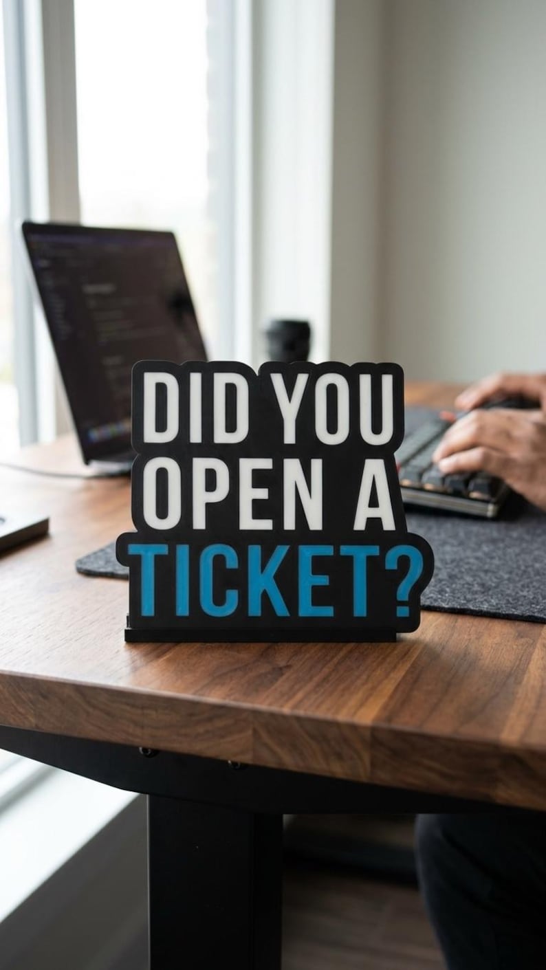 Puede incluir: Un letrero en blanco y negro sobre un escritorio de madera dice "DID YOU OPEN A TICKET?" en texto blanco y azul. Una computadora port&aacute;til y un teclado son visibles en el fondo, lo que sugiere un entorno de trabajo.