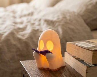Reading Ghost Tealight Holder | Book Lover Gift | Cozy Reading Nook Decor | Cute Ghost Night Light | Librarian Gift | Halloween Shelf Decor