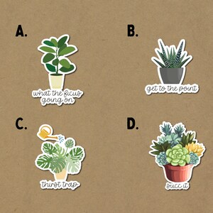 以下が含まれることがあります： ユーモラスなテキストが書かれた、鉢植えの植物を描いた4つのイラストステッカー。最初のステッカーは、フィカス植物に「what the ficus going on」というテキストが書かれている。2番目のステッカーは、多肉植物に「get to the point」というテキストが書かれている。3番目のステッカーは、モンステラ植物に「thirst trap」というテキストが書かれている。4番目のステッカーは、多肉植物に「succ it」というテキストが書かれている。