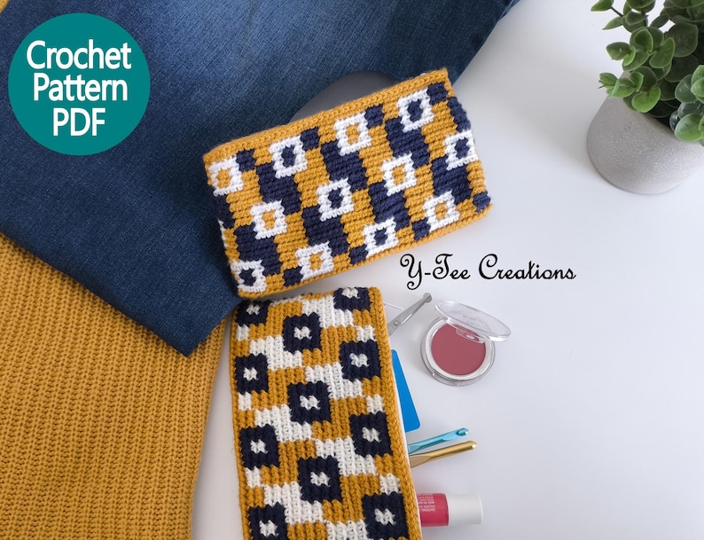 Geometric Tapestry Pouch crochet pattern listing photo by YTeeCreations