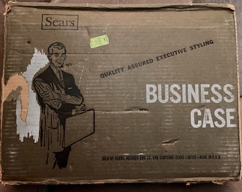 Vintage Sears Briefcase, Black 1950s with Key and Original Box