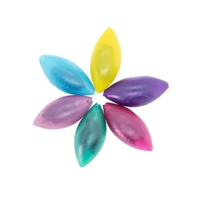 May include: A collection of colorful, teardrop-shaped objects arranged in a circular pattern, resembling a flower. The objects are in shades of blue, yellow, purple, pink, green, and lavender, against a white background. Each object has text on it.