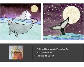 Printable Whale paintings, digital download, Ocean Life