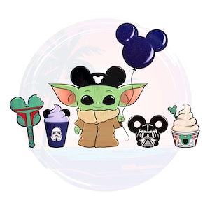 Op de afbeelding: Een groen personage met grote oren, dat een zwarte hoed met Mickey Mouse-oren draagt en een blauwe ballon met Mickey Mouse-oren vasthoudt. Het personage wordt omringd door andere Disney-thema-items, waaronder een groen-bruine Mickey Mouse-lollipop, een paars-blauwe ijsbeker met een Star Wars-logo, een zwart Mickey Mouse-hoofd met een Darth Vader-gezicht en een geel-rode ijsbeker met een Mickey Mouse-oor bovenop.
