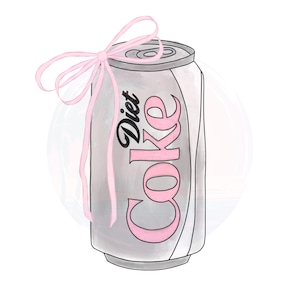 Könnte beinhalten: Eine silberne Dose Diät-Cola mit einem rosa Band, das um die Oberseite gebunden ist. Auf der Dose steht in rosa und schwarz "Diet Coke" geschrieben.