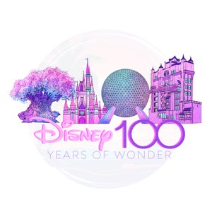 May include: A colorful illustration featuring iconic Disney landmarks: a tree, a castle, a geodesic sphere, and a high-rise building. The text "Disney 100 Years of Wonder" is displayed in a stylized font, celebrating the anniversary.