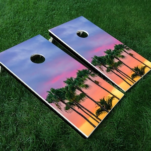 Cornhole Decal Cornhole Wrap Sunset Palm Trees  - Set of 2 vinyl decals, 24&quot; x 48&quot; - Does not include boards or bags, Decals ONLY