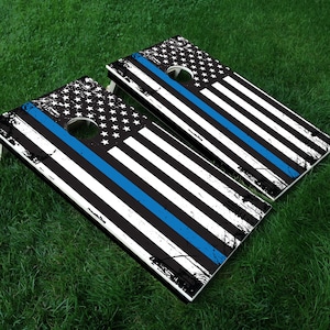 Cornhole Decal Cornhole Wrap Thin Blue Line - Set of 2 vinyl decals, 24&quot; x 48&quot; - Does not include boards or bags, Decals ONLY