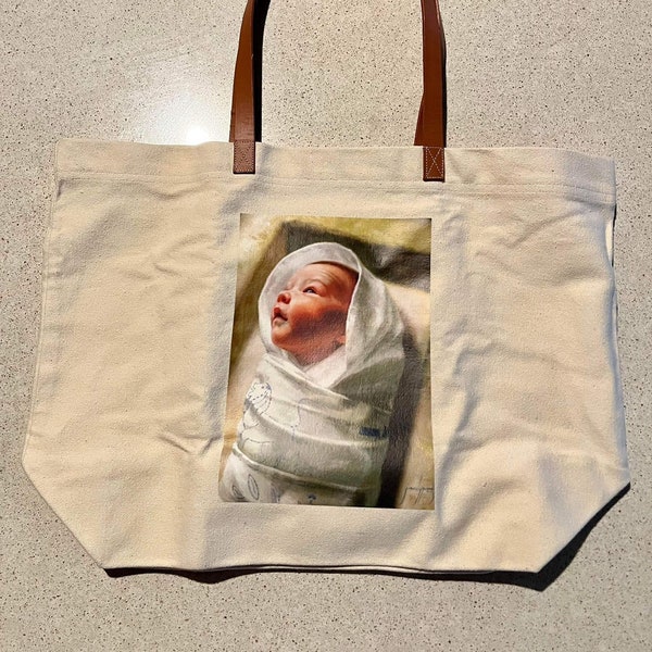Newborn Baby Canvas Tote Bag & Leather hand | Bolso Bebé Recién nacido de manta con asa de piel | Catholic bag