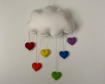 White Cloud with Bright Rainbow Wool Felt Hearts Wall Hanging, Wall Decoration