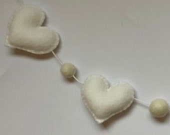 White Wool Felt Hearts and Pompom Garland