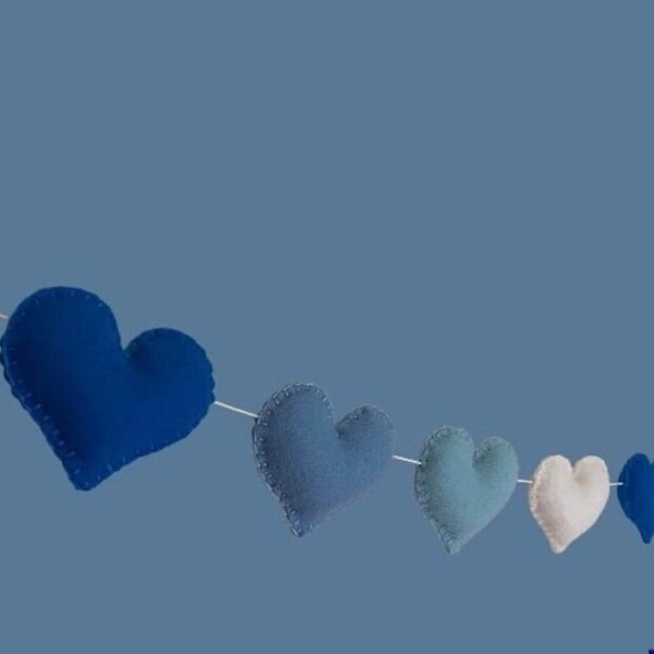 Blue Wool Felt hearts Garland