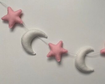 White Moon and Baby Pink Stars Wool Felt Garland