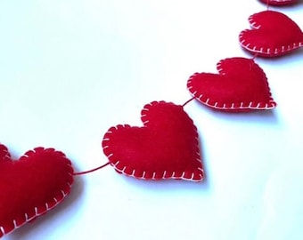 Red With White Stitching Wool Felt Hearts Garland