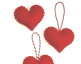 Red Heart White Stitching Wool Felt Ornament Loop