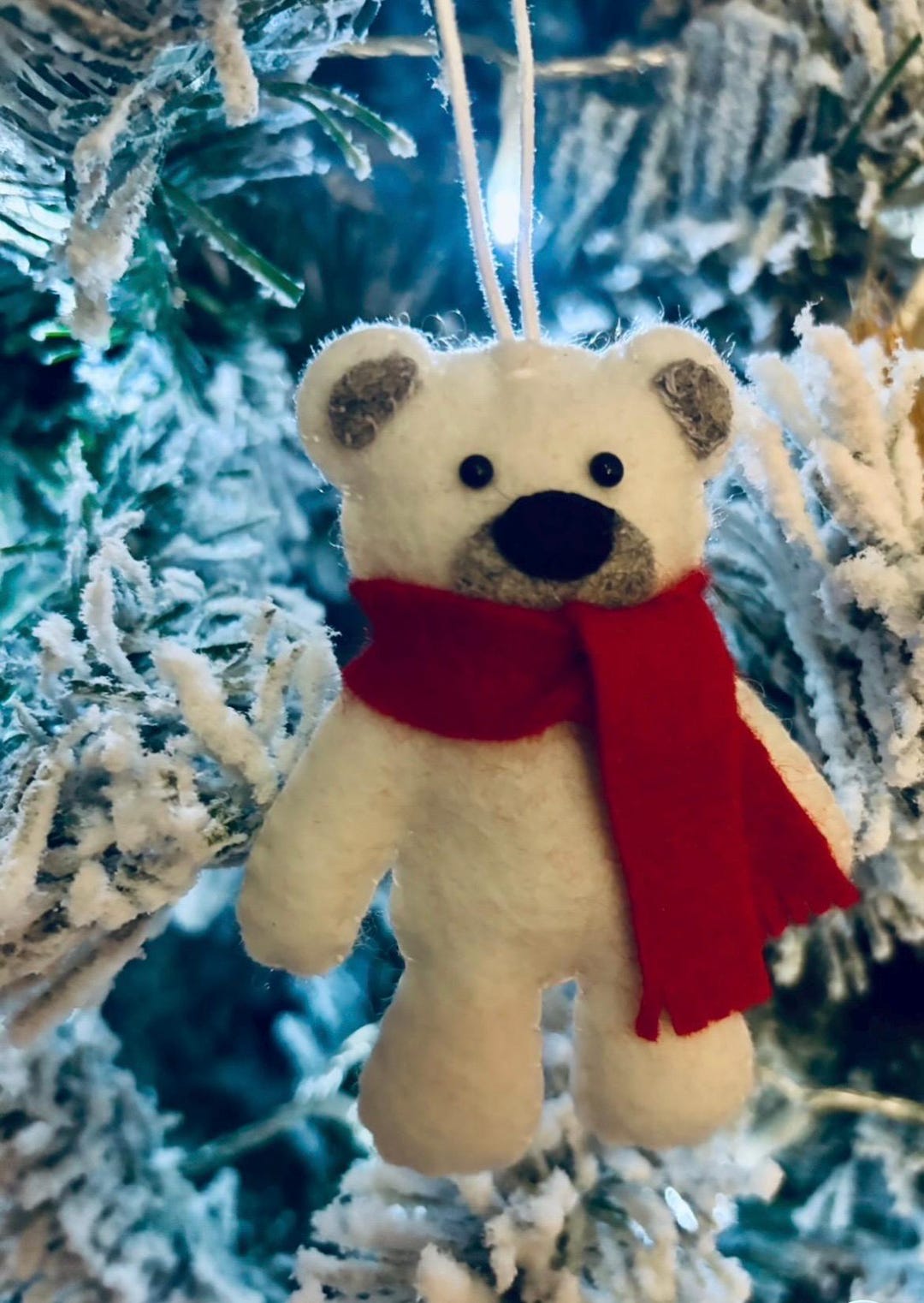White Wool Felt Teddy Bear Decoration With Red Scarf - Etsy