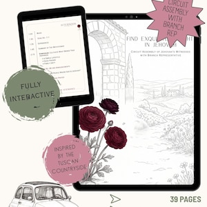 May include: A digital notebook for a circuit assembly titled Find Exquisite Delight in Jehovah, displayed on two tablets. The screen shows a Tuscan countryside illustration with dark red flowers, a small car, and text including 39 pages and hyperlinks.
