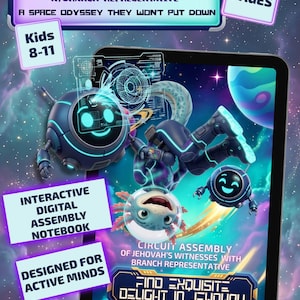 May include: An interactive digital assembly notebook for kids 8-11, featuring 70+ pages. The cover displays a space theme with robots, an axolotl in a space suit, and text: 26/27 Circuit Assembly w/Branch Representative, A Space Odyssey They Won't Put Down.