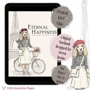 May include: Digital notebook for tween girls with the text "Eternal Happiness" and "2026 Convention of Jehovah's Witnesses." The design includes a dog wearing a beret and striped shirt, with the Eiffel Tower in the background.