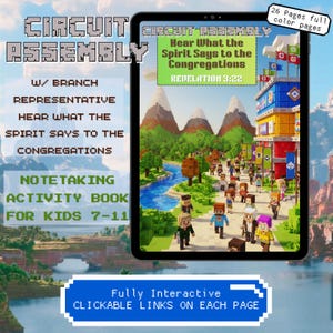 May include: A digital notetaking activity book for kids aged 7-11, titled "Circuit Assembly." The tablet screen displays a colorful, pixelated illustration of a town with people, mountains, and a river. The book has 26 full-color pages and clickable links.