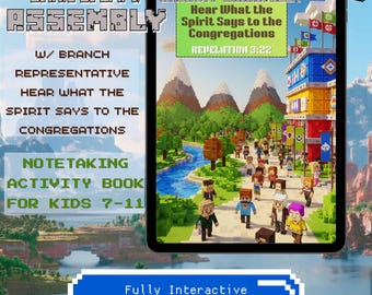 Könnte beinhalten: Ein digitales Notizbuch für Kinder im Alter von 7-11 Jahren mit dem Titel "Circuit Assembly". Der Tablet-Bildschirm zeigt eine farbenfrohe, verpixelte Illustration einer Stadt mit Menschen, Bergen und einem Fluss. Das Buch hat 26 vollfarbige Seiten und anklickbare Links.