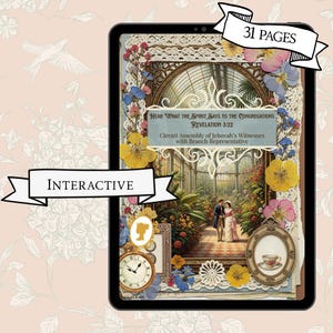 Könnte beinhalten: Ein interaktives digitales Buch im Vintage-Stil. Das Cover zeigt eine detaillierte Illustration einer Gewächshaus-Szene, verziert mit getrockneten Blumen und Spitze. Der Text enthält "Hear What the Spirit Says to the Congregations Revelation 3:22".