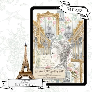 May include: A digital journal with a vintage aesthetic, featuring a portrait of a woman, ornate frames, and the Eiffel Tower. The text reads "Worship With Spirit and Truth" and "34 Pages". A miniature Eiffel Tower is also present.