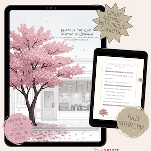 May include: A digital notebook for a circuit assembly titled Happy Is The One Trusting In Jehovah, displayed on two tablets. The screen shows a pink cherry blossom tree in front of a cafe, with text and an afternoon program schedule visible.