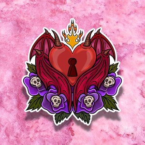 Dämonisches Herz Schloss | Vinyl-Aufkleber | Romanze | Liebe | Herz | Blumen | Goth | Niedlich