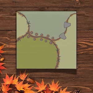 May include: A green, yellow, and brown abstract painting with a stitched border and two gray shapes. The painting is framed and hanging on a wooden wall.