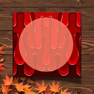May include: A red background with a large white circle in the center. The background is made up of a repeating pattern of red drips.