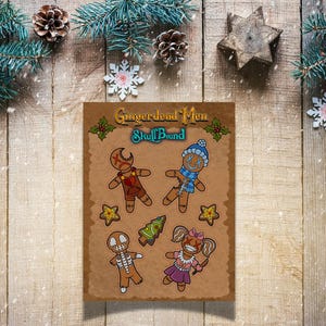 May include: Gingerdead Men SkullBound sticker sheet with six stickers featuring gingerbread men with different expressions and accessories. The stickers are on a brown background with a white border.