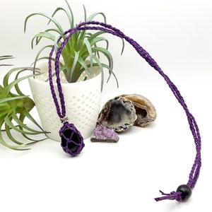 Shiny black basalt pendant purple macramé necklace. Adjustable. Basket rope necklace. Tumbled polished healing crystal