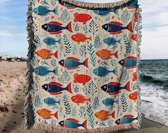 Coastal Woven Blanket: Fringed Cotton Throw with Fisher Tapestry
