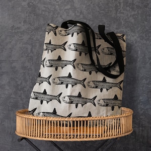 Sardines Tapestry Tote Bag: Woven Cotton Blend, Reusable Grocery Bag