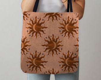 Woven Tapestry Tote Bag: Celestial Sun Bohemian Carryall