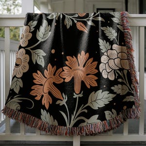 Cottagecore Floral Woven Blanket, Fringed Cotton Throw