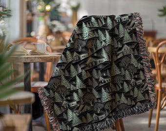Christmas Toile Woven Blanket, Holiday Green Home Decor, Cozy Xmas Throw